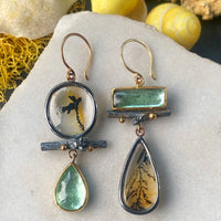 Dendritic Quartz and Seafoam Tourmaline Earrings with Twigs
